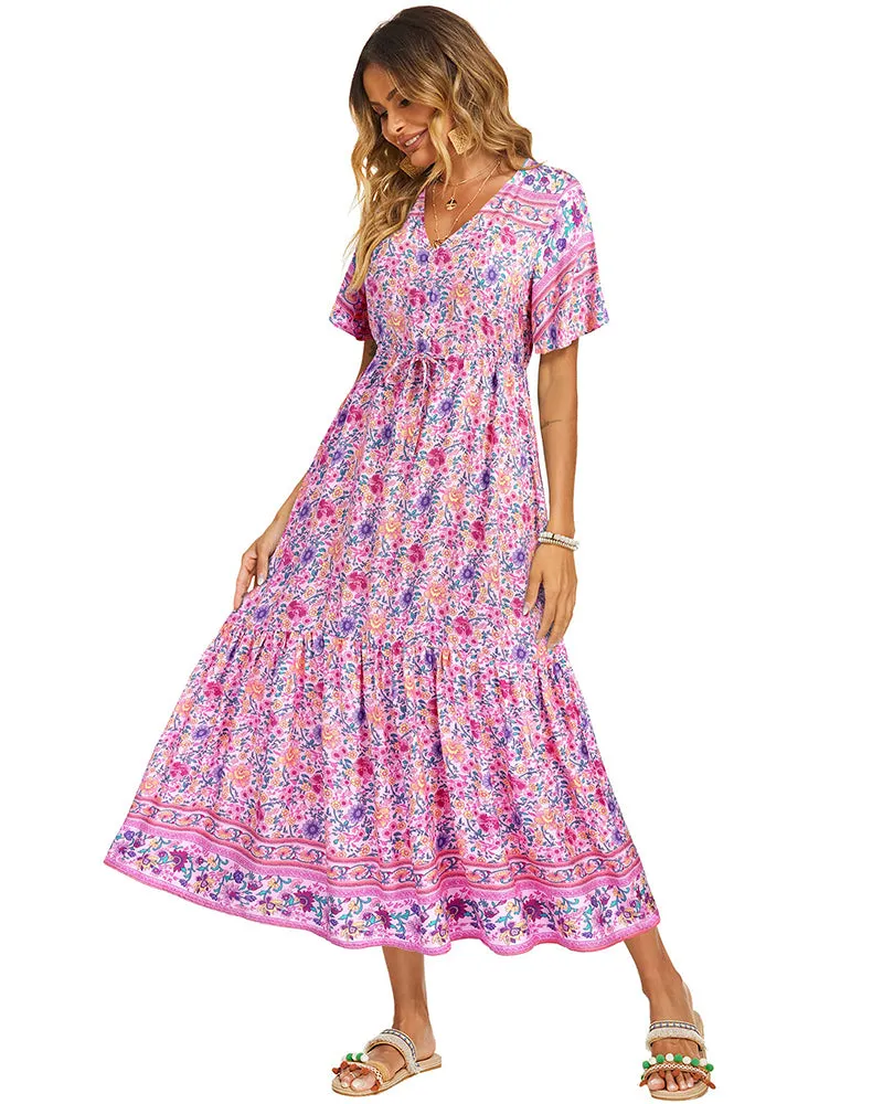 Zeagoo Women's V Neck Bohemian Dress Floral Printed Maxi Dress Short Sleeve Beach Party Dress