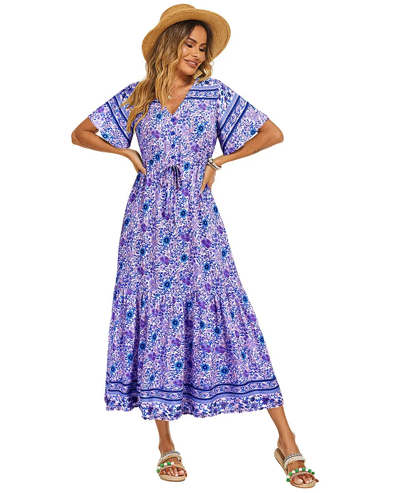 Zeagoo Women's V Neck Bohemian Dress Floral Printed Maxi Dress Short Sleeve Beach Party Dress