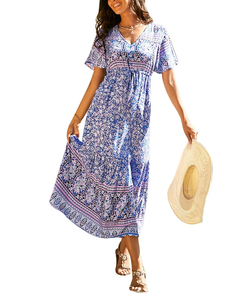 Zeagoo Women's V Neck Bohemian Dress Floral Printed Maxi Dress Short Sleeve Beach Party Dress