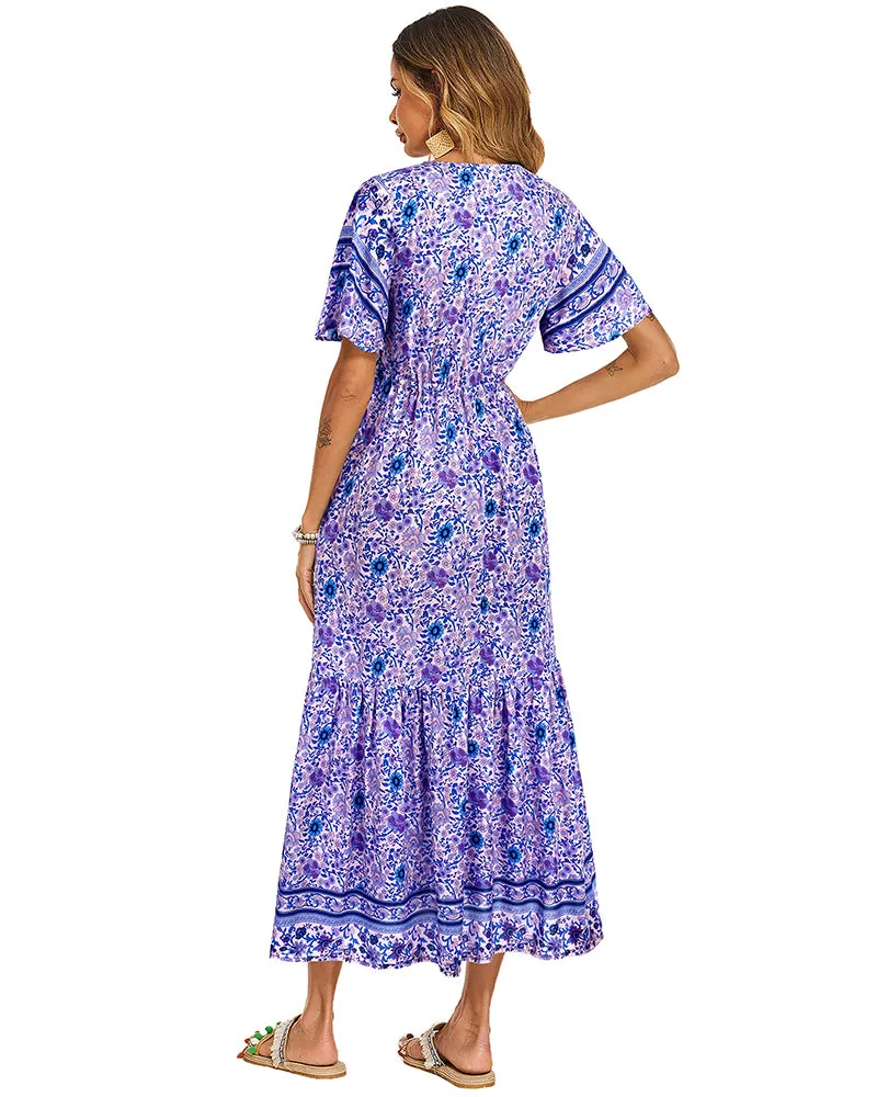 Zeagoo Women's V Neck Bohemian Dress Floral Printed Maxi Dress Short Sleeve Beach Party Dress