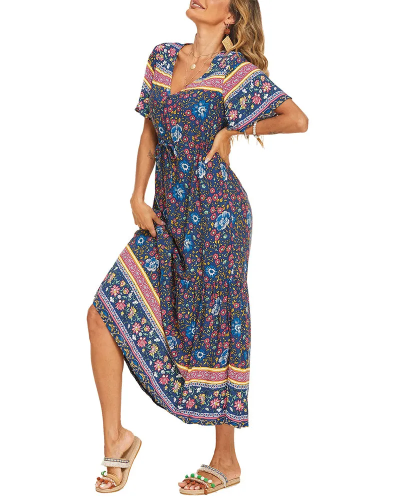 Zeagoo Women's V Neck Bohemian Dress Floral Printed Maxi Dress Short Sleeve Beach Party Dress