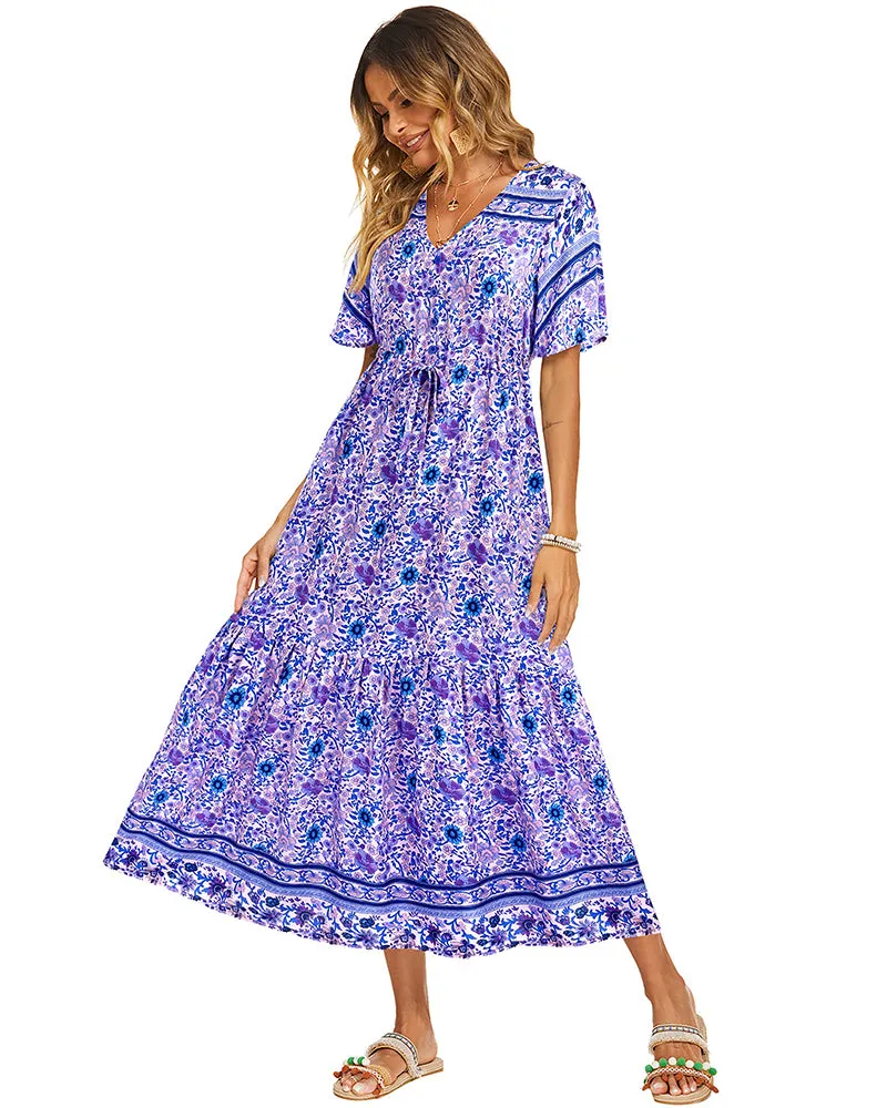 Zeagoo Women's V Neck Bohemian Dress Floral Printed Maxi Dress Short Sleeve Beach Party Dress