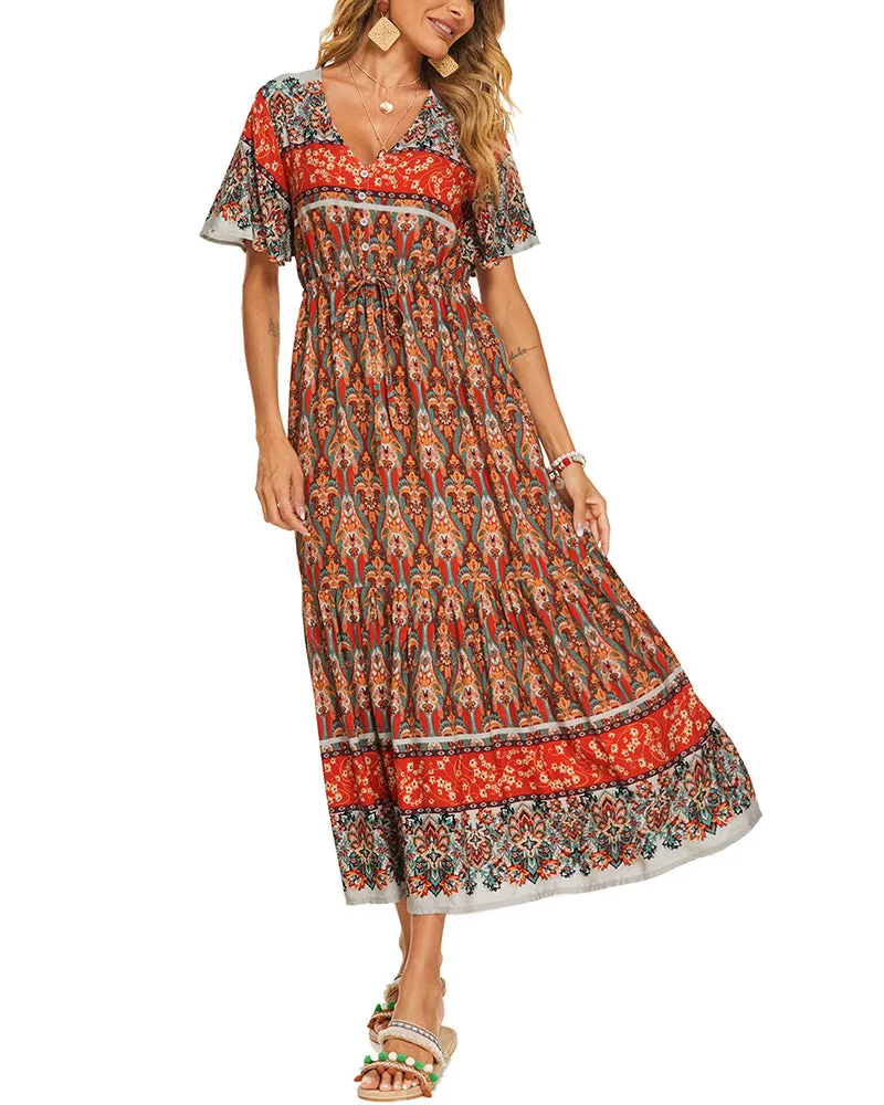 Zeagoo Women's V Neck Bohemian Dress Floral Printed Maxi Dress Short Sleeve Beach Party Dress